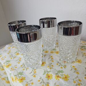 Set of 4 10 oz Tumbler Glasses Vintage Anchor Hocking Wexford Silver Rim